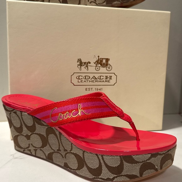 Coach - Gabriela Wedge Red and Brown Sandals - Picture 2 of 15